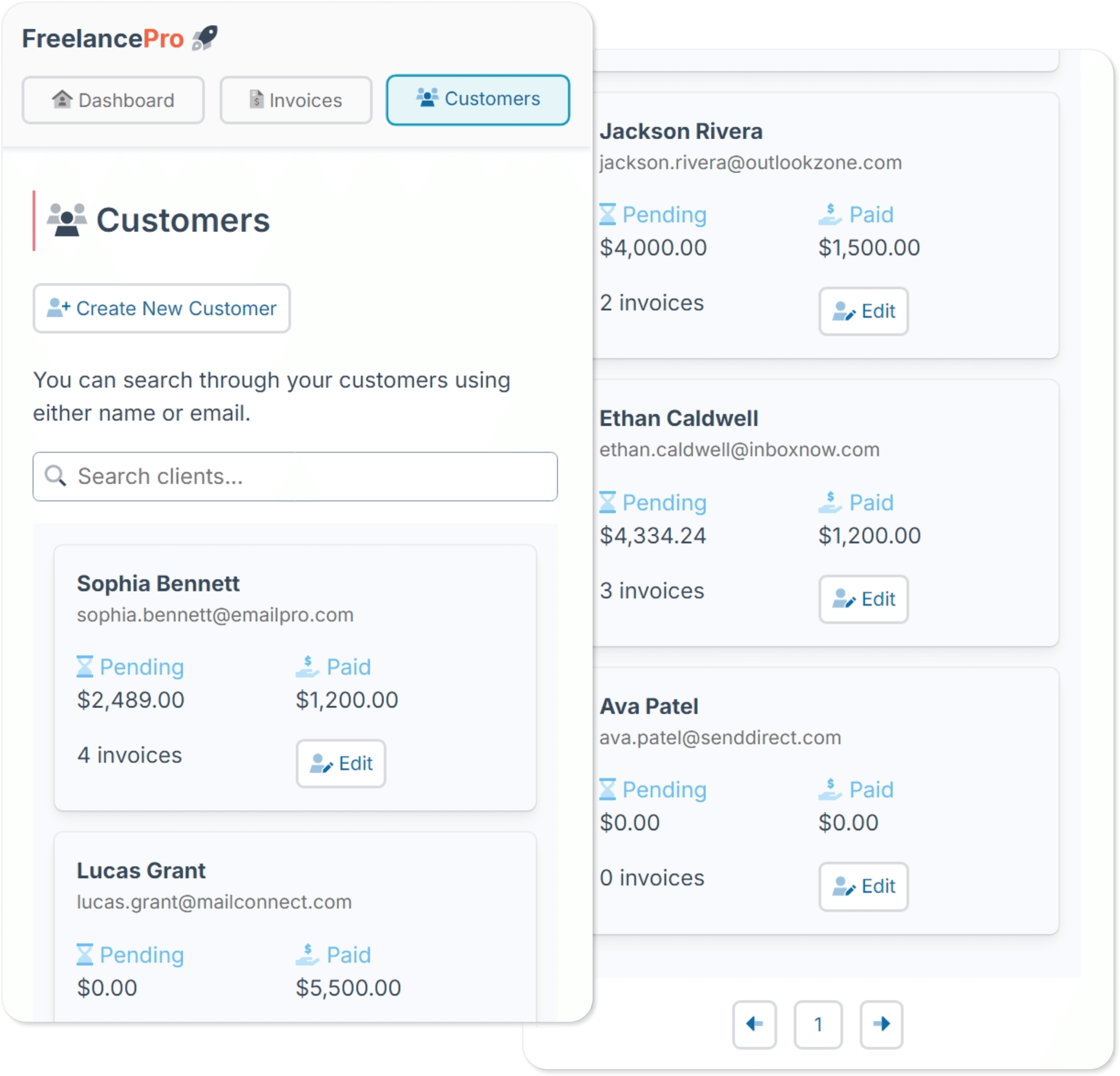 FreelancePro Customers Mobile Screen