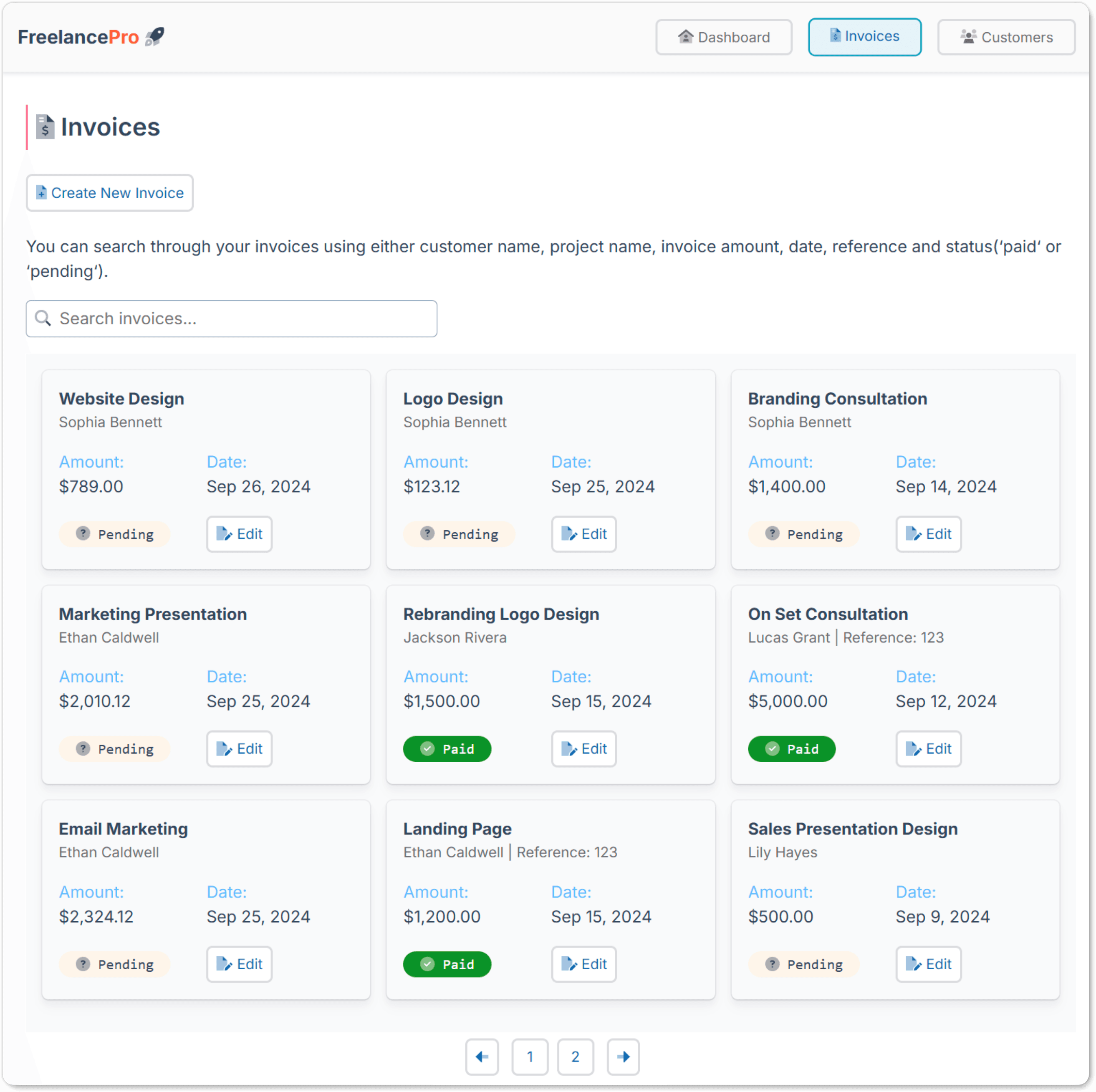 FreelancePro Invoices Screen